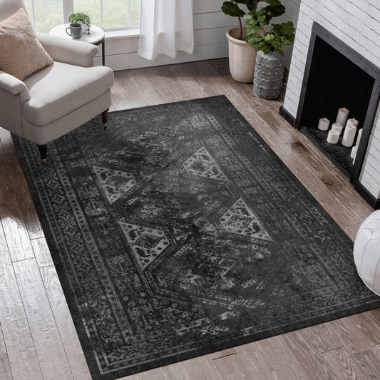 Maval - 5' X 8' Washable Area Rug - Black / Gray - Ego Home Furniture