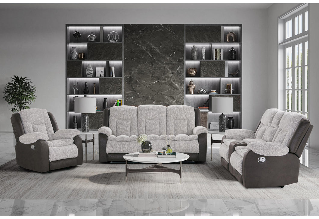 U4377 GREY/BROWN RECLINING SOFA WITH DROP DOWN TABLE/CONSOLE RECLINING LOVESEAT/GLIDER RECLINER image