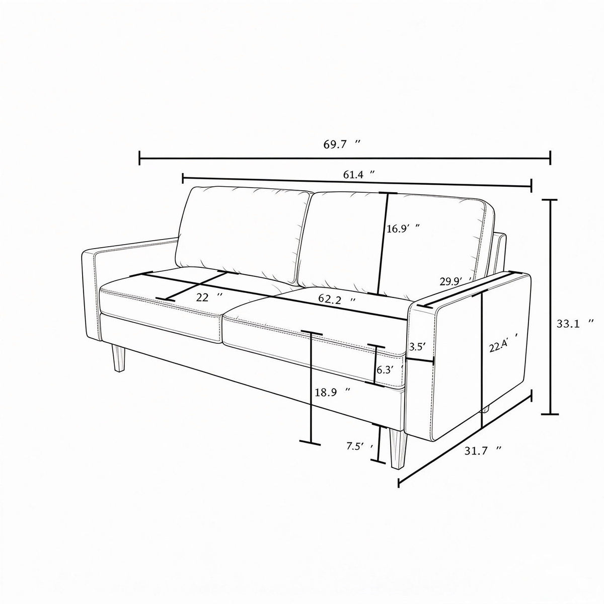 Couch, 3 Seat Sofa With Removable Cushion - Beige - Ego Home Furniture