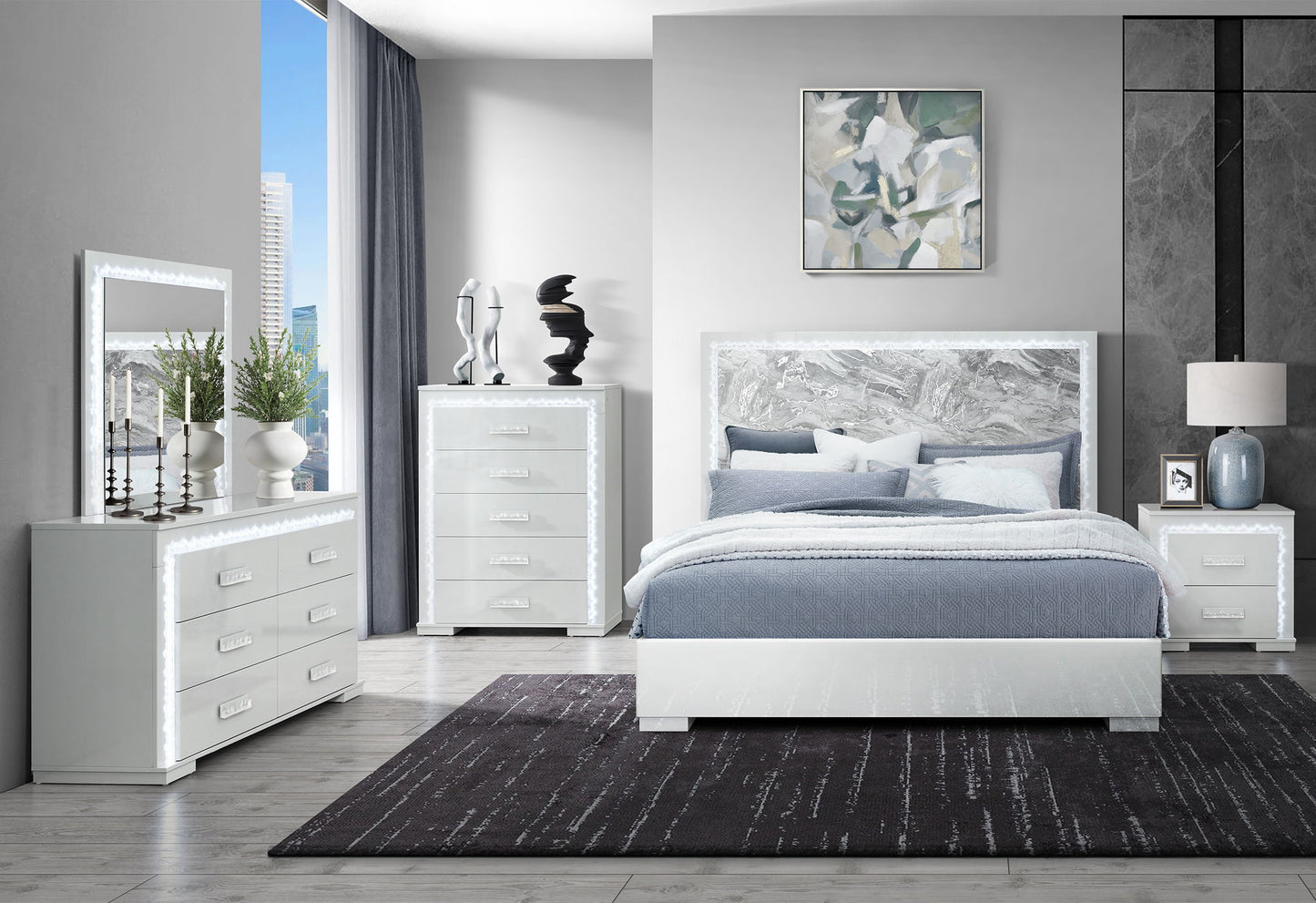 Naomi - King Bed With LED - Silver