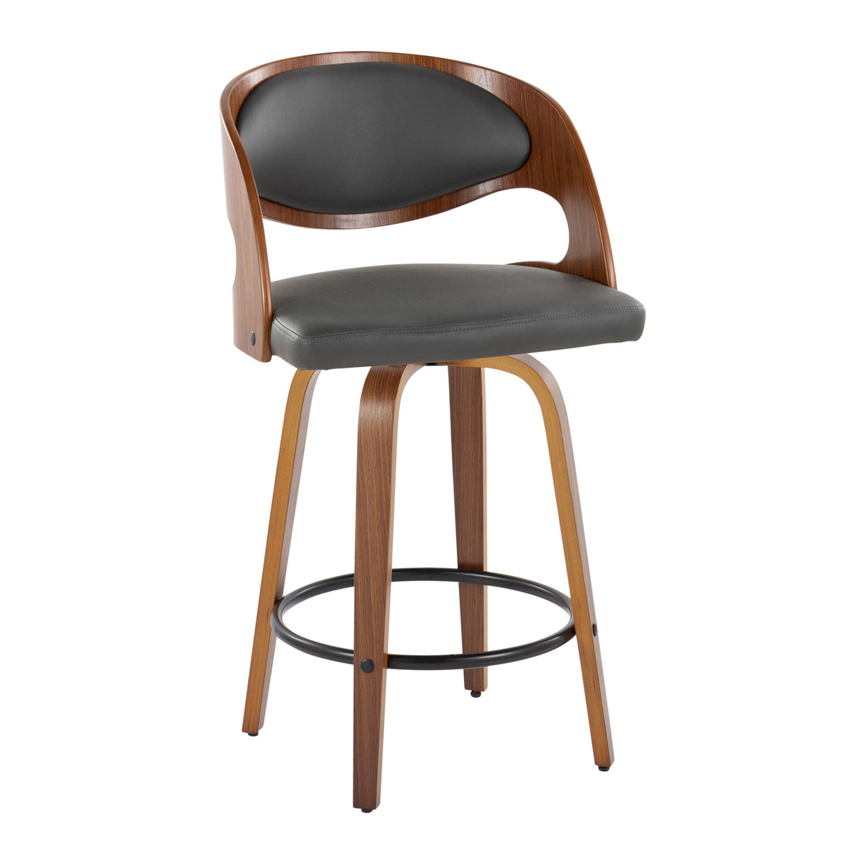 Pino - Mid-Century Modern Fixed Height Barstool With Swivel With Round Footrest (Set of 2) - Gray
