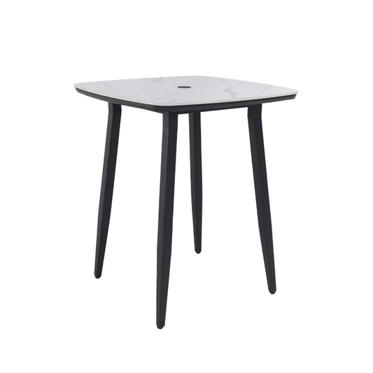 Outdoor Bar Table, Rounded Square Sintered Stone Top With Umbrella Hole, Rust Free Frame, Weatherproof - Ember Black / White