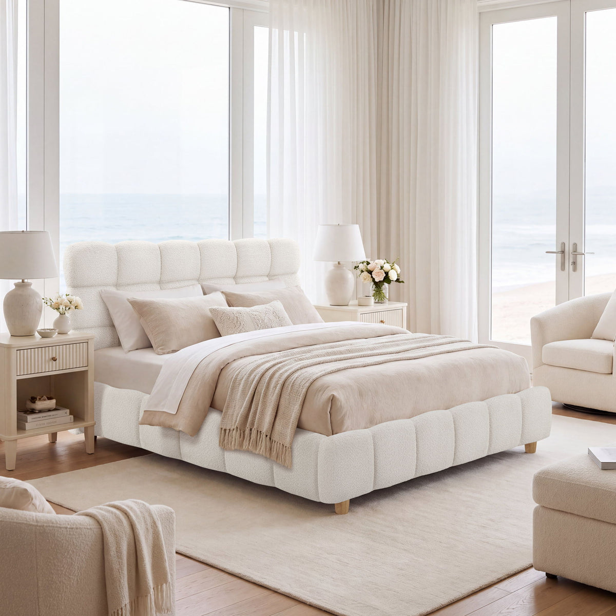 Pula - Queen Platform Bed With Upholstered Headboard, Slat Support, No Box Spring Needed - Ivory