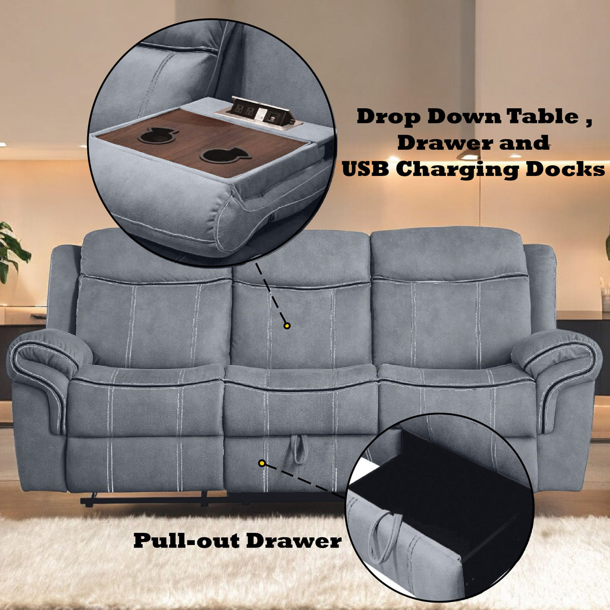 Zubaida - Two Tone Recliner Sofa With USB Port Drop Down Table