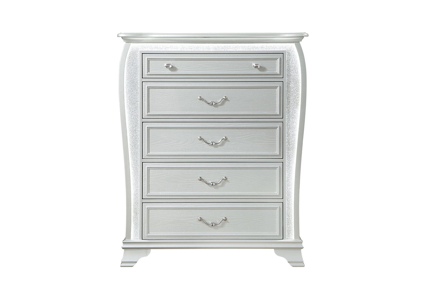 Aria - 5 Piece Queen Bedroom Set (Bed, Dresser & Mirror, Nightstand, Chest) - Silver