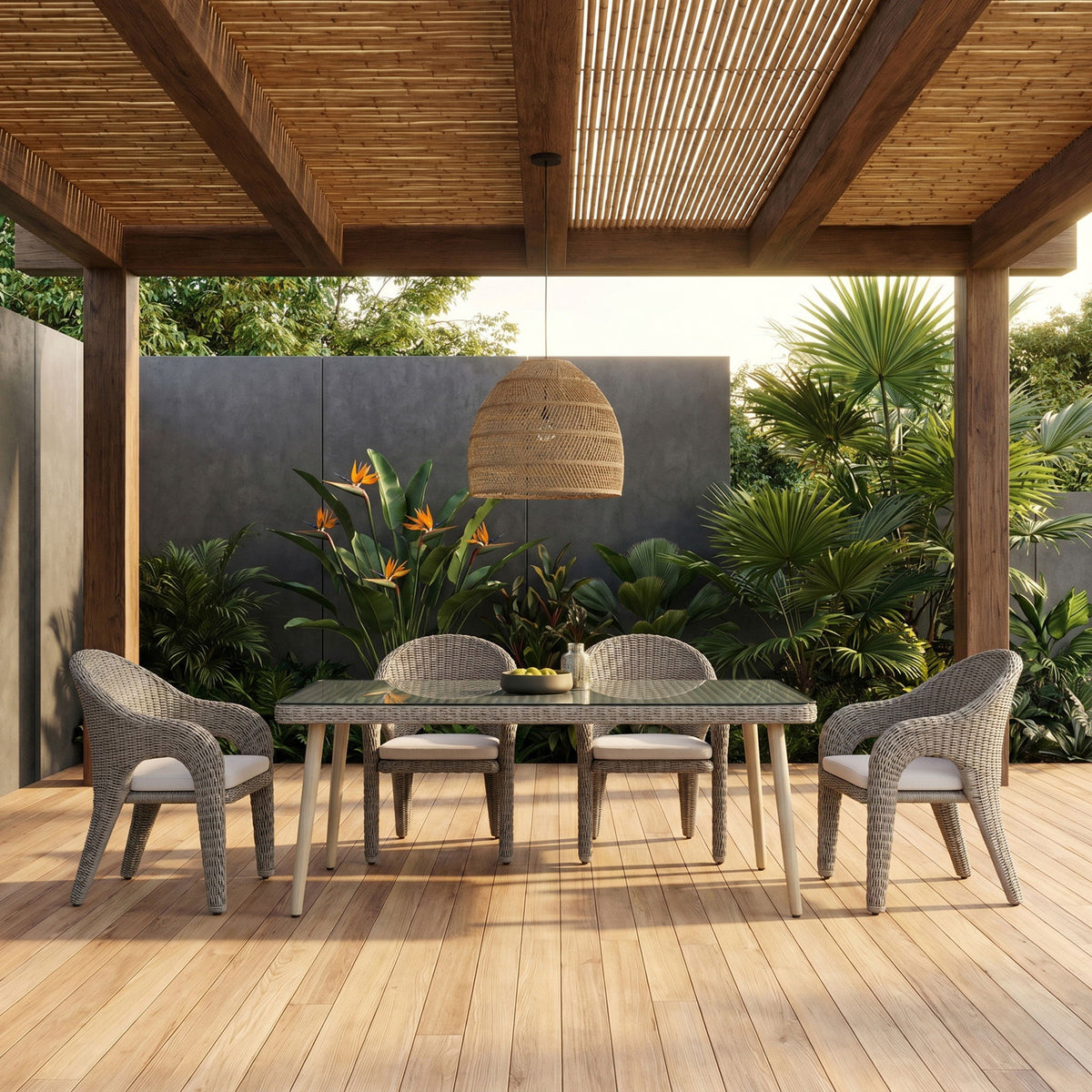 Seacrest - Tempered Glass Top And Wicker Outdoor Patio Dining Table