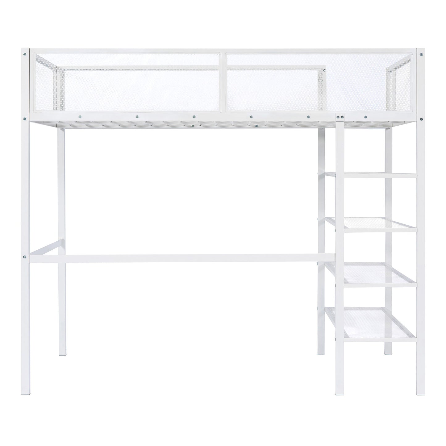 Twin Size Loft Bed With 4 Tier Shelves And Storage - White