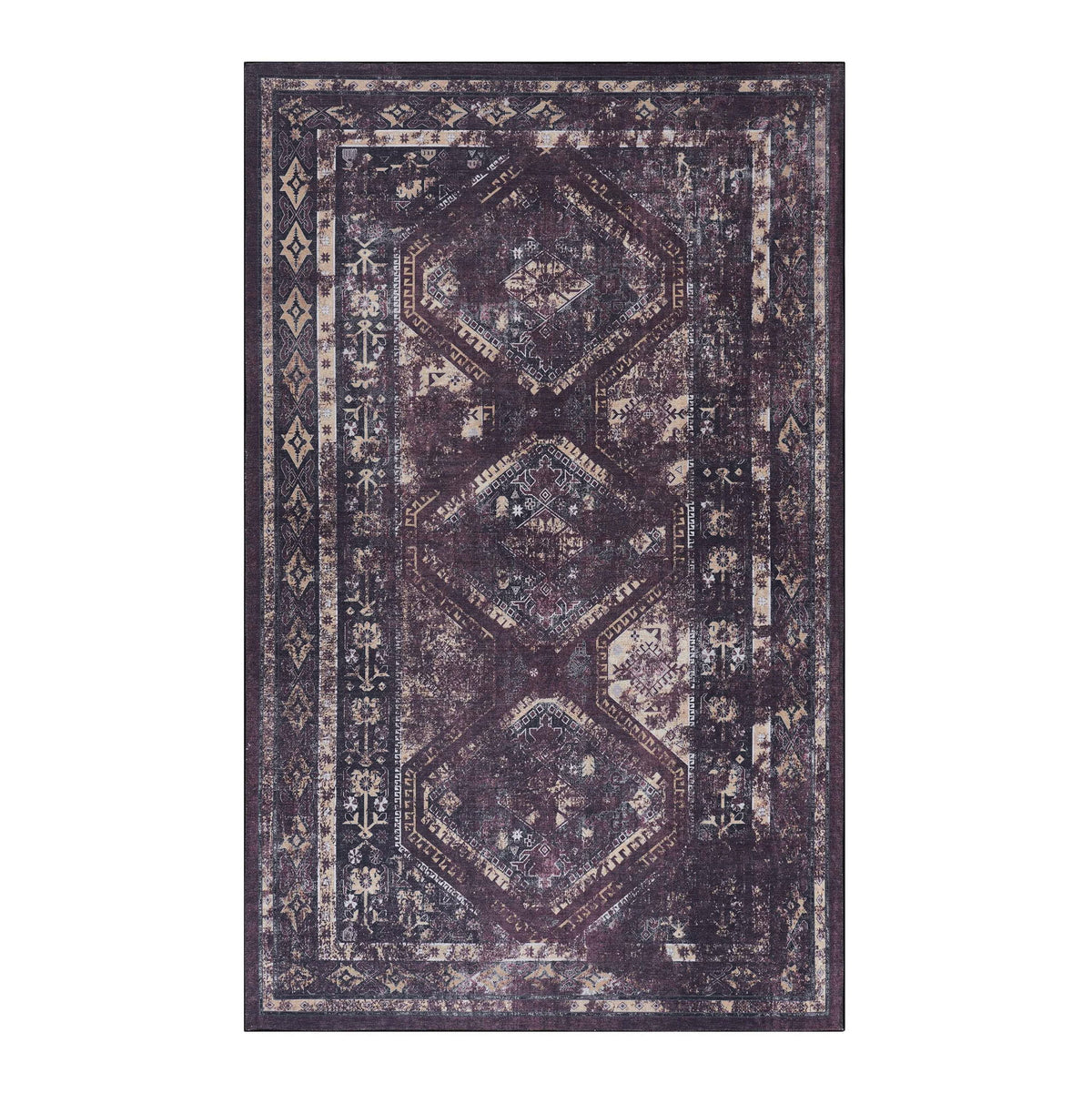 Maval - 9' X 12' Washable Area Rug - Black / Burgundy
