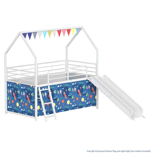 Jack - House Loft Bed With Slide And Curtain Set