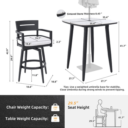 5 Pieces Outdoor Patio Bar Set, Rounded Square Sintered Stone Table & 4 Swivel Bar Chairs