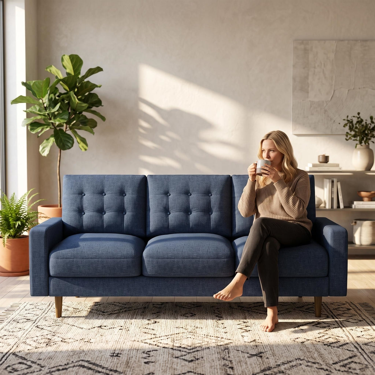 3 Seat Sofa Couch With Tufted Back Upholstered Couch For Living Room