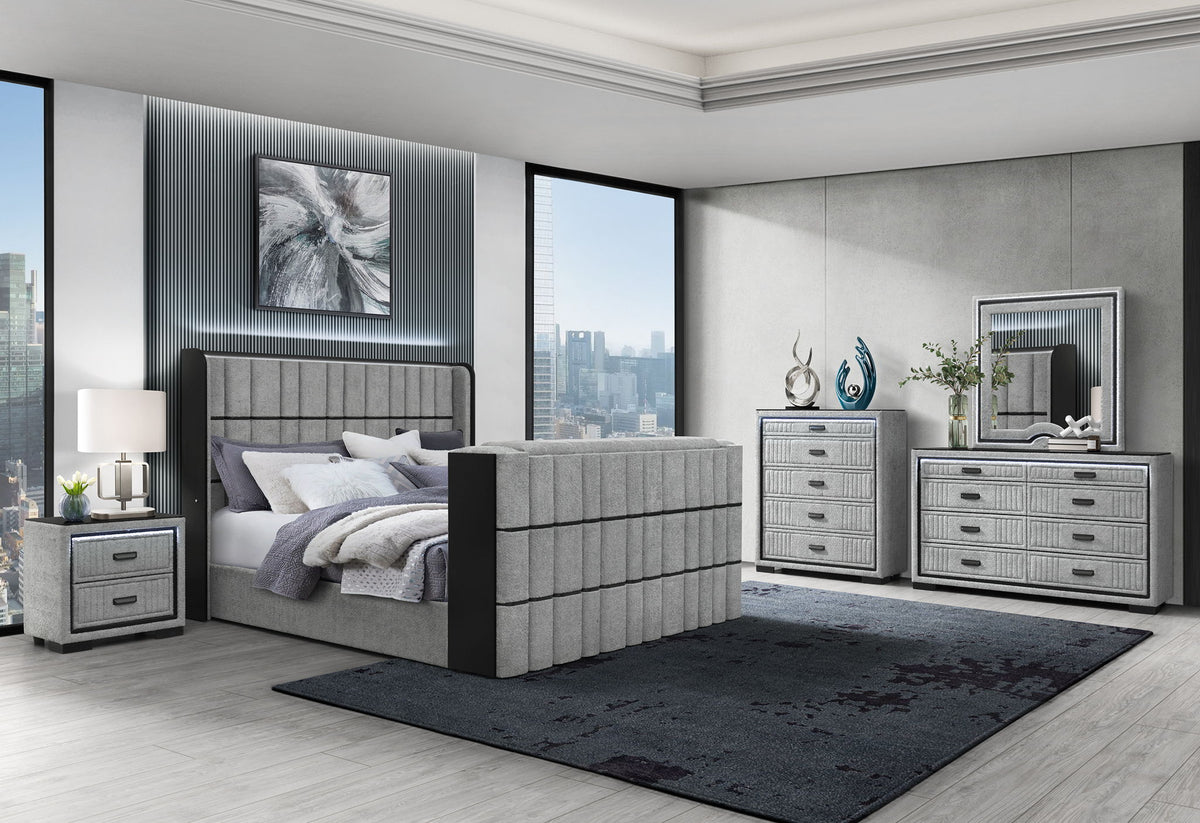 Isabella - 5 Piece King Bedroom Set (King Bed With LED, TV Lift, Bluetooth Speaker And Firpeplace Crystal) - Gray