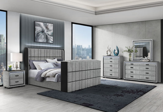 Isabella - 5 Piece King Bedroom Set (King Bed With LED, TV Lift, Bluetooth Speaker And Firpeplace Crystal) - Gray