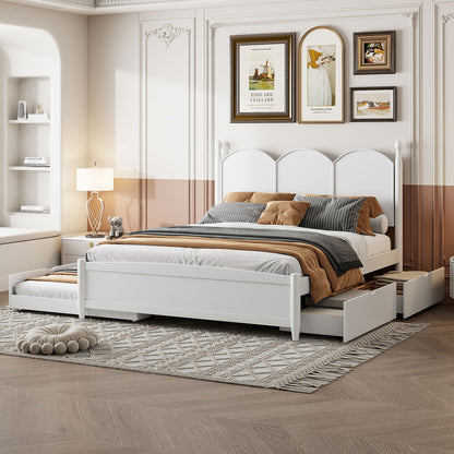 Queen Size Platform Bed With With 2 Big Drawers, Twin Long Size Trundle - White