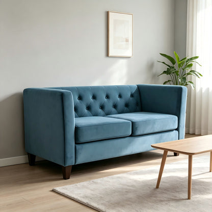 Button Tufted 3 Seater Sofa, Upholstered Couch For Living Room - Navy Blue