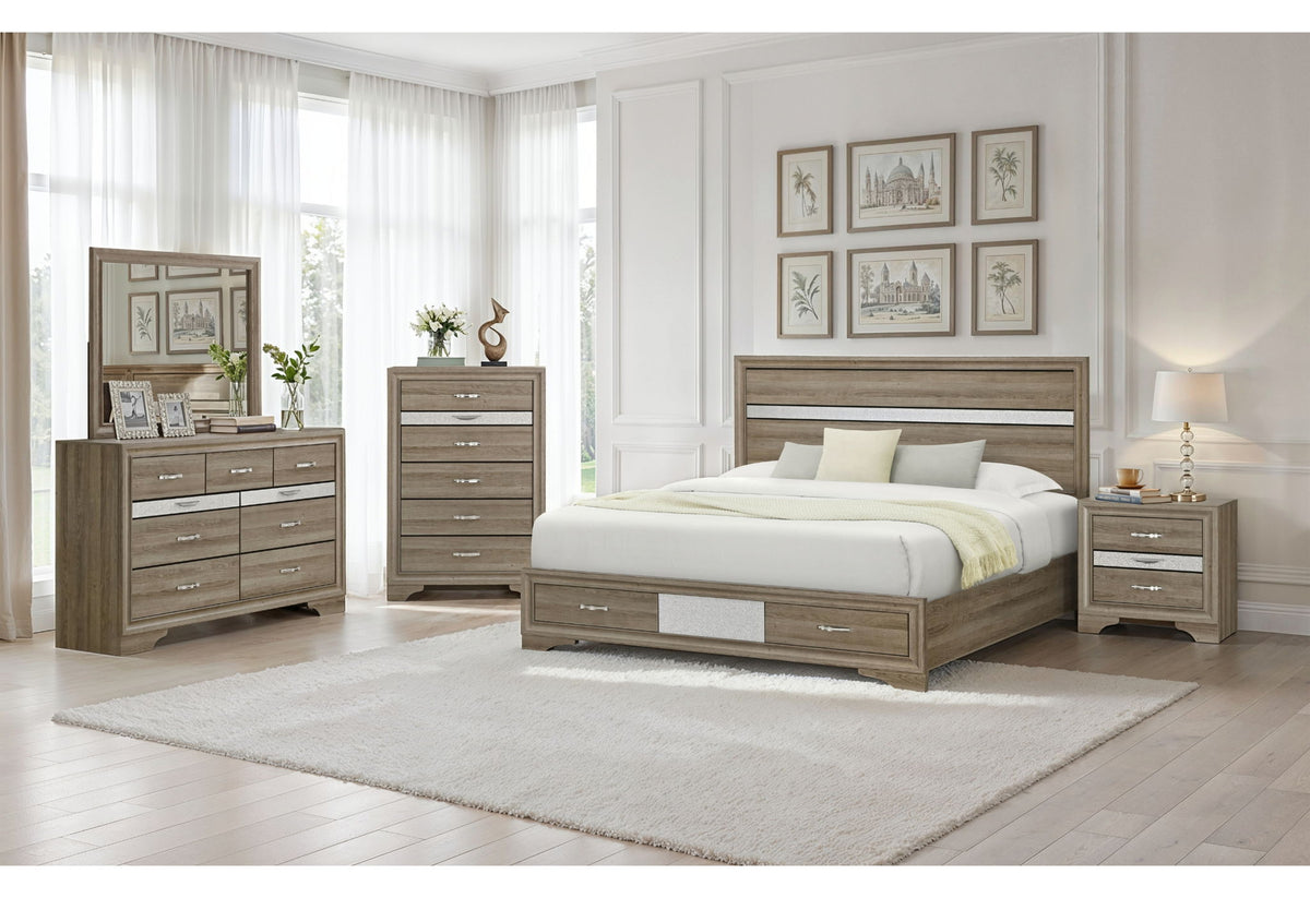 Seville - 5 Piece Full Bedroom Set (Bed, Dresser & Mirror, Nightstand, Chest) - Brown / Natural