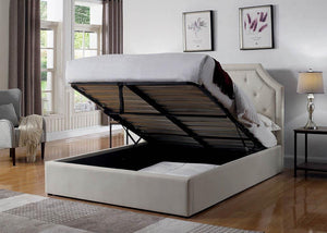 Hermosa Beige Upholstered King Bed With Hydraulic Lift Storage