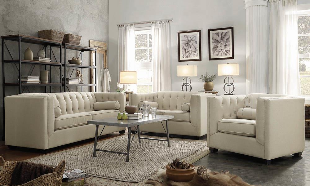 Cairns Transitional Oatmeal Tufted Back Loveseat