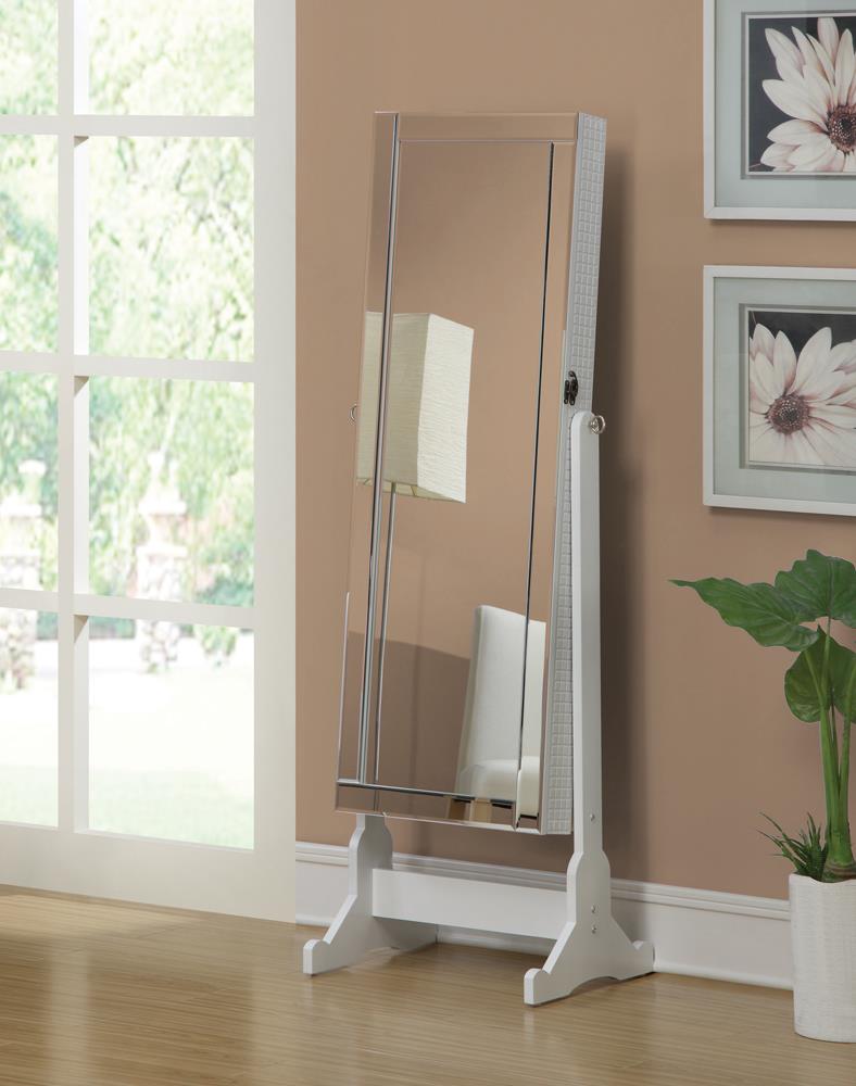 Transitional White Cheval Mirror and Jewelry Armoire